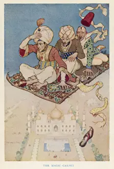 Three men on a mgaic flying carpet