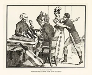 Diversion Prints: Two men playing checkers at a table, Bourbon Restoration