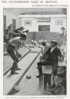 Bowling Prints: Men playing Skittles inside in the East End, London pub. Date: 1903