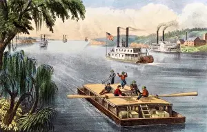 Raft Prints: Men on a raft bound down the River