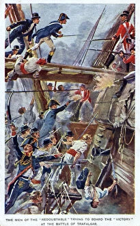 Images Dated 3rd August 2018: Men of the Redoubtable try to board HMS Victory at Trafalgar