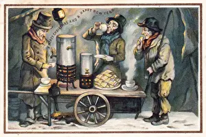 Men at a refreshment cart on a Christmas and New Year card