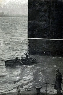 Measurement Collection: Three men in a rowing boat dwarfed next to prow of a steamer