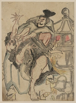 Two men struggling next to a stone lantern, upsetting a teap Two men struggling next to a stone lantern, upsetting a teap