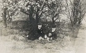 Two men under a tree with dog
