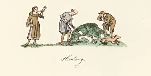 Strutt Prints: Men unearthing a fox with dogs, horn and shovels