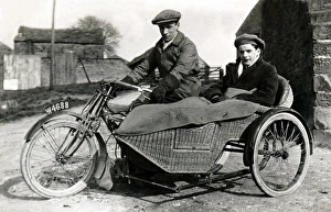 Wickerwork Gallery: Two men on veteran motorcycle & sidecar