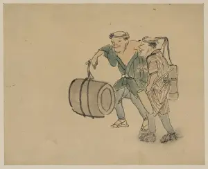 Containers Prints: Two men walking, one carrying a shoulder pole with barrel-li