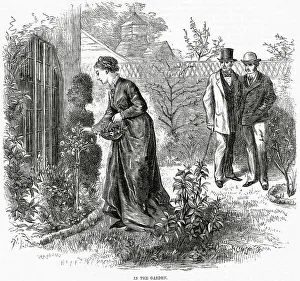Picks Prints: Two men watch with interest as a lady picks roses Date: 1872