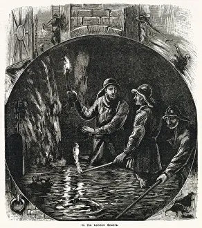 Tunnels Prints: Men wearing heavy oilskin protective clothing would go into the tunnels under the streets of London to unblock