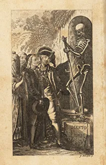 Freund Hein Prints: Men and women look at a Memento Mori, 18th century