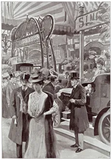 Displaying Prints: Men and women looking around the stands at the Olympia Motor show in London. Date: 1906
