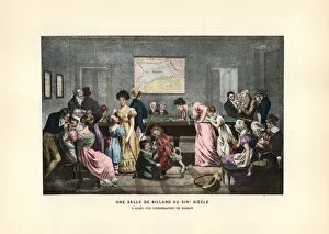 Men and women playing pool in a billiards room, 19th century