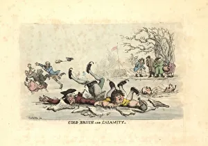 Images Dated 24th March 2019: Men and women skating on thin ice and falling into