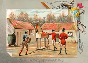 Tailcoat Prints: Three men with wooden horse on a Christmas card