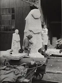 Sculptors Prints: Men working on Baden Powell statue