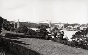 Menai Prints: Menai Bridge from George Hotel, Anglesea, Wales