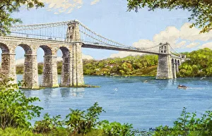 Anglesey Prints: Menai Suspension Bridge, Menai Strait, Bangor, North Wales