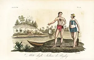Sumatra Prints: Mentawai people of Pagai, with tattoos, canoe and paddle