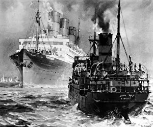Sailing Ships Collection: Merchant Steamer and a Passenger Liner in the Brambles Chann
