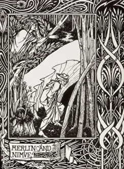 Magician Prints: Merlin the Magician and Nimue. Engraving from
