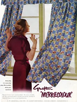 Fabrics Prints: Merriecolour curtains advertisement, 1950s