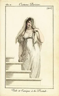 Merveilleuse Prints: Merveilleuse in lace veil and tunic dress, Paris, 1802