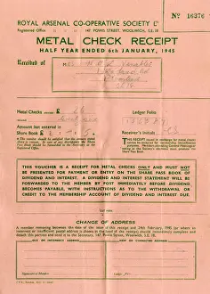 Cooperative Prints: Metal Check Receipt, Royal Arsenal Co-Operative Society, WW2