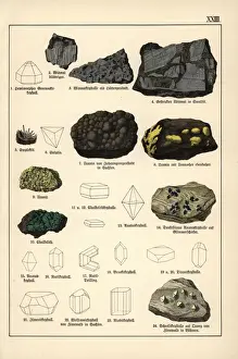 Mineralogy Prints: Metals including bismuth, uraninite and titanite crystals