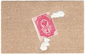 Nibbling Prints: Two mice eating a Russian stamp on a postcard