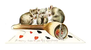 Vermin Prints: Three mice and a pipe on a cutout Christmas card
