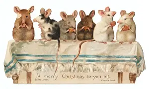 Tablecloth Prints: Six mice on a table on a cutout Christmas card