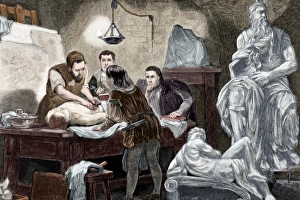 Images Dated 30th December 2012: Michelangelo explaining anatomy to his disciples. Engraving