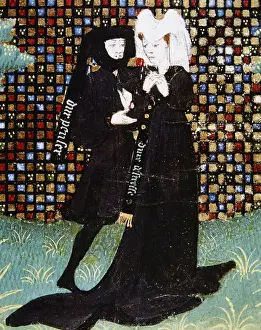 Feudal Prints: Middle Ages. Lovers. Miniature. Chantilly Castle. France