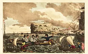 Transferred Prints: Midshipman Newcome transferred by rowboat to HMS Vanguard