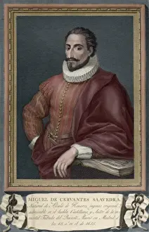 Miguel de Cervantes (1547-1616). Colored engraving