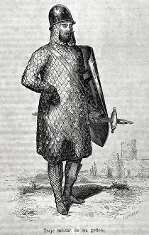 9th Century Prints: Military costume of the Goths. Engraving by Coderch