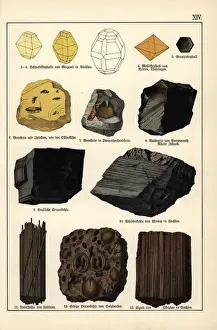 Mineralogy Prints: Mineral varieties including sulphur, mellite, amber and coal