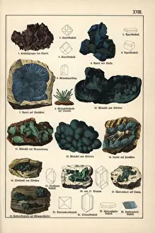 Mineralogy Prints: Minerals including cuprite crystals, azurite, malachite, etc
