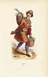 Mingrelian man in hat, tunic over trousers, carrying baskets