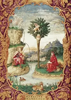 Minstrel Prints: Miniature with Francesco Petrarca, Laura de Noves and a mins