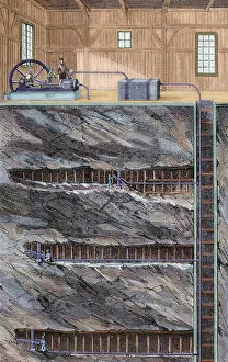 Subterranean Collection: Mining. Coal mine with several floors. Colored engraving