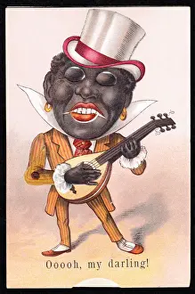 Minstrel playing a mandolin on a comic greetings card