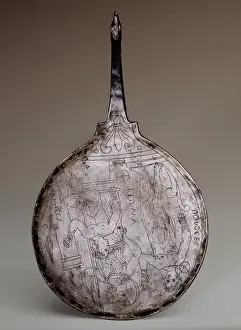 Mirror engraved with Athena and Hercules