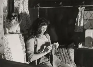 Glance Prints: A mischievous-looking girl, caught on camera knitting in an armchair in her cottage