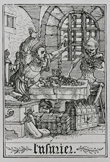 Mort Prints: The Miser. Depiction of a rich man who has locked