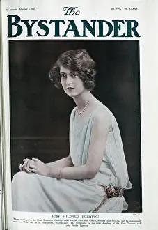 Miss Mildred Egerton, formal studio portrait in pearls and pale dress. Mildred Helen Egerton, was about to marry Hon Dominic Browne at St Margaret's, Westminster, to become Lady Oranmore and Browne. She later became the Hon Mrs Dalrymple