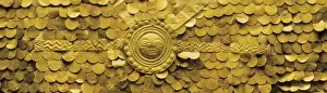 Mochica Prints: Moche Pectoral with Sun. 300 BC-500. Gold embroidery