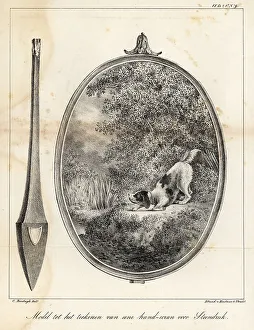 Womens Work Prints: Model for a design for an embroidered hand-screen showing a dog