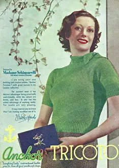 Crocheted Prints: Model wearing tight crocheted cotton sweater in green with a tie collar